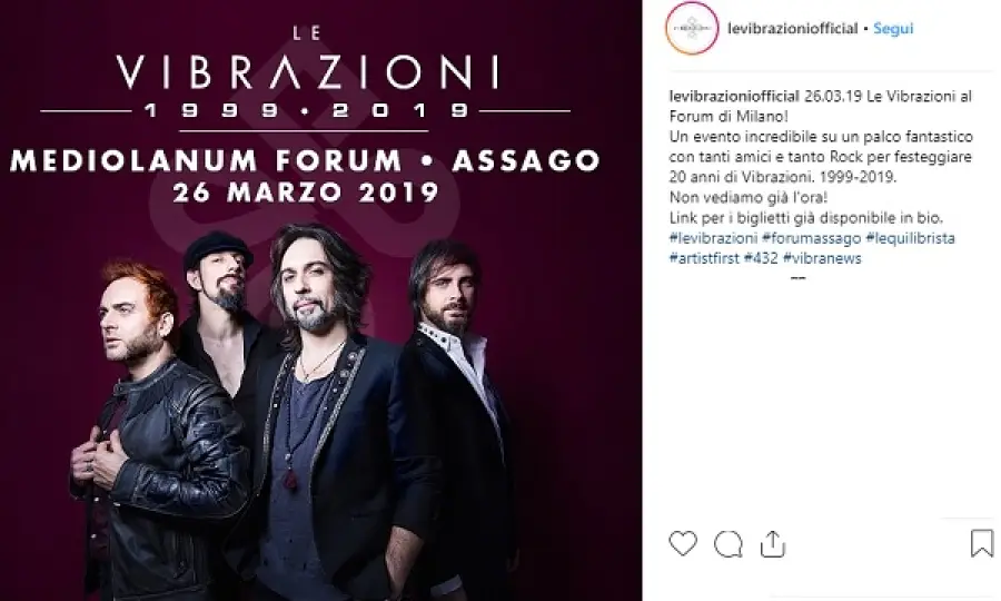 Le Vibrazioni al Mediolanum Forum per i 20 anni di carriera, info biglietti