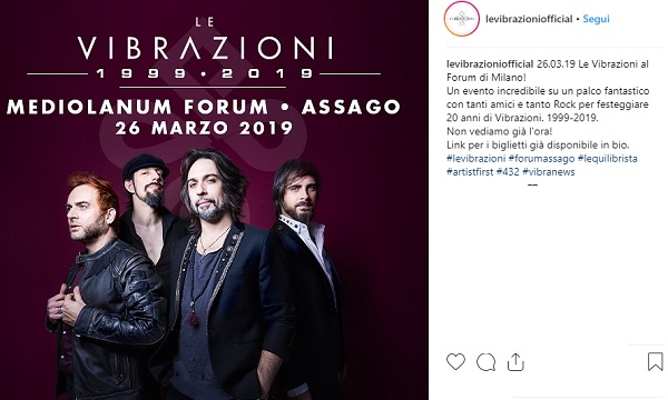 Le Vibrazioni al Mediolanum Forum per i 20 anni di carriera, info biglietti