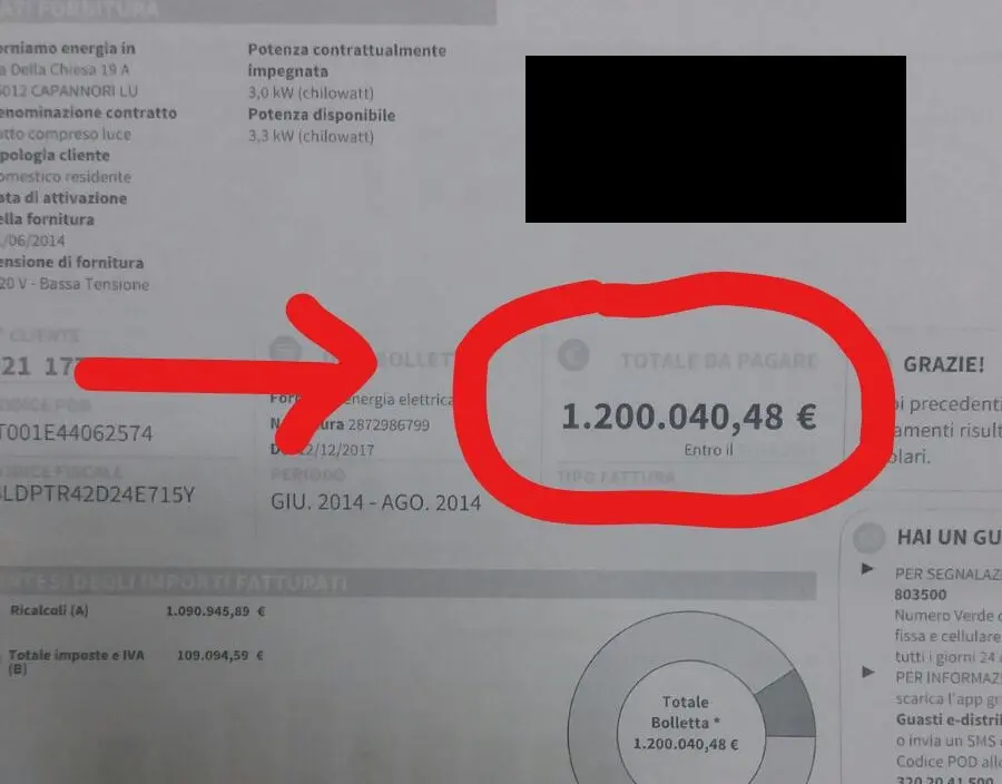 Bolletta della luce da oltre un milione di euro: 'Ho rischiato di sentirmi male'