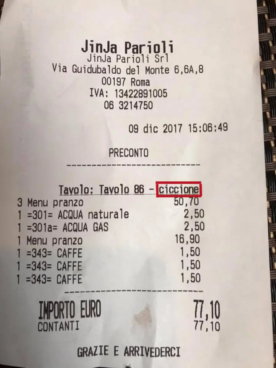 'Ciccione' sullo scontrino: cos'è successo al locale dei Parioli?