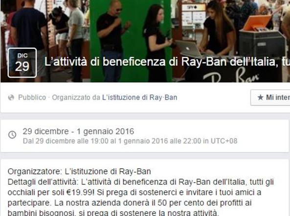 Virus Ray Ban Facebook: occhio all'asta di beneficenza!