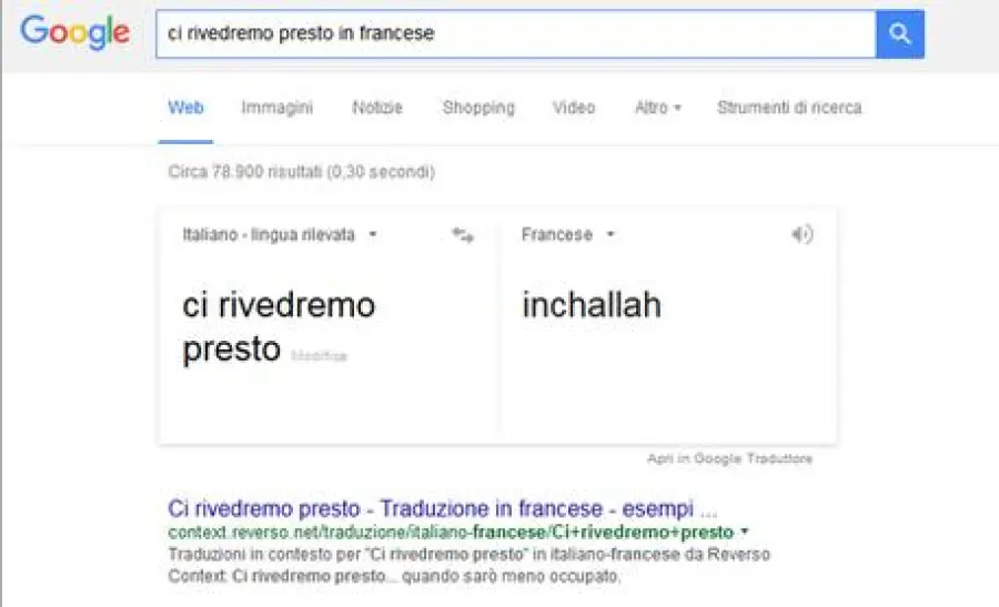 "Ci Rivedremo Presto", per ore Google Translate lo traduce in francese con la parola araba "Inchallah", sia fatta la volontà di Dio!