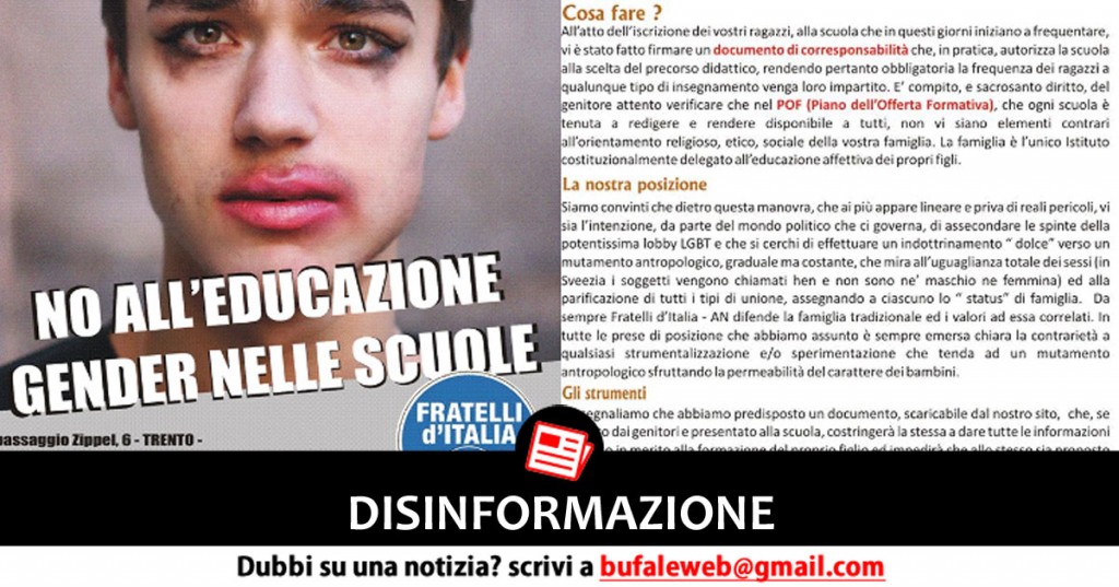 FRATELLI D'ITALIA: VOLANTINI CHOC CONTRO TEORIA GENDER